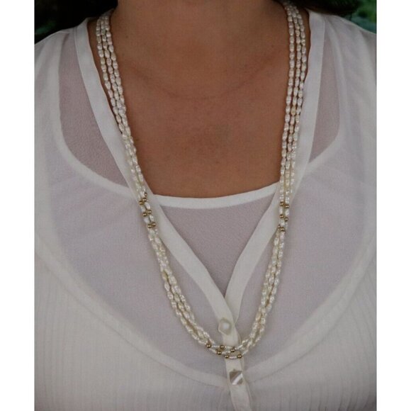 14k Yellow Gold Rice Pearl Gold Bead Three Strand Long 30" Necklace - Picture 4 of 8